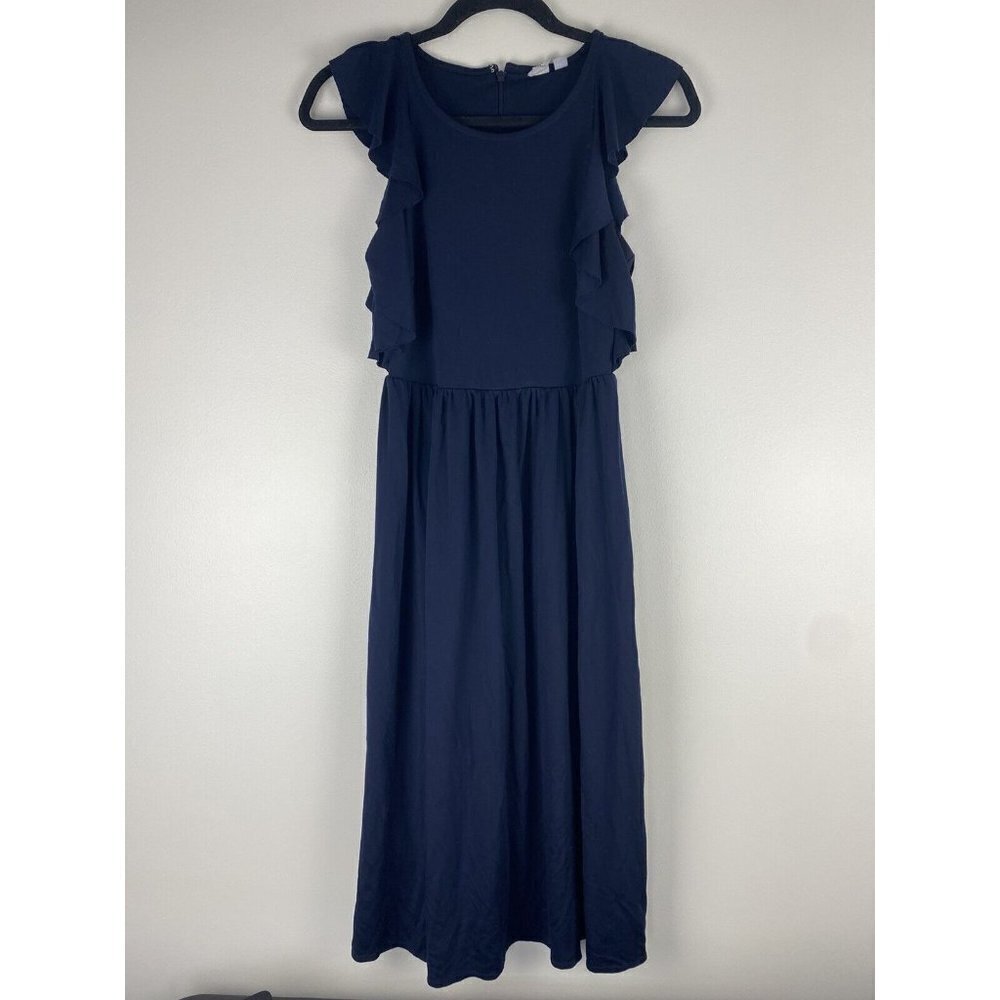 Gap Women's Midi A Line Dress Size 2 Navy Blue Ruffle Sleeve Modest Round Neck